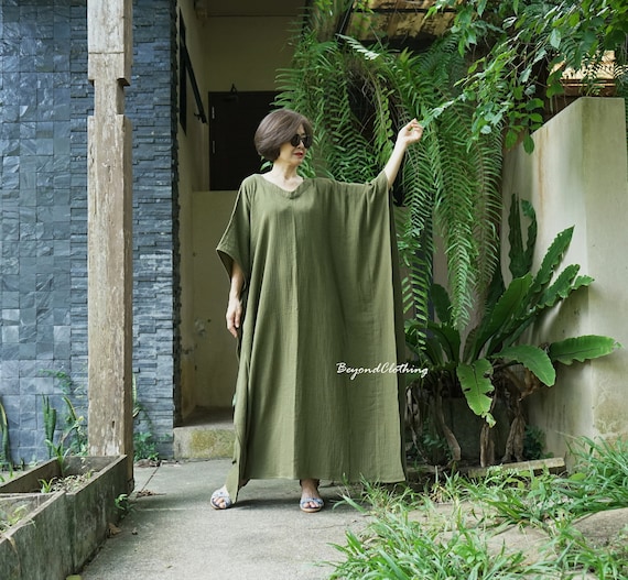 Olive Green Cotton Gauze Maxi Kaftan Dress: Oversize V-Neck Boho Resort Wear - K4E Olive Green Cotton Gauze Maxi Kaftan Dress: Oversize V-Neck Boho Resort Wear - K4E