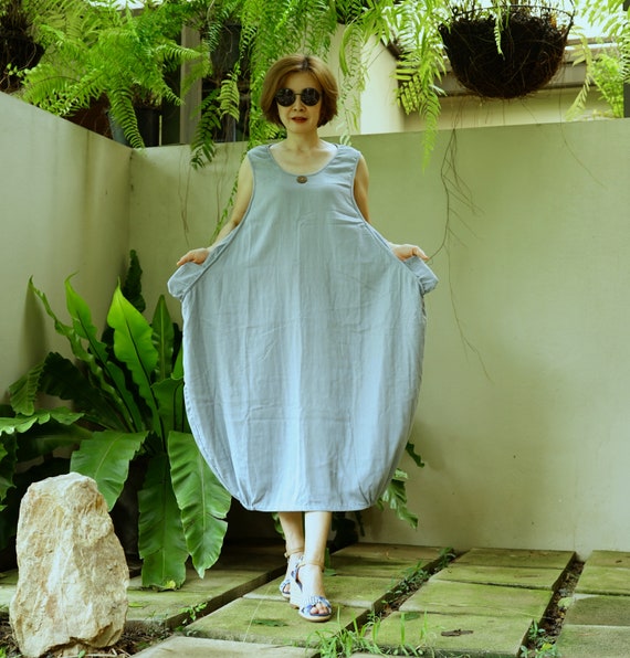 Sleeveless Scoop Neck Blue Gray Double Gauze Cotton Boho Loose