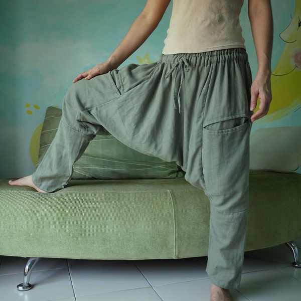 All The Way...Dull Green Double Gauze Cotton Unisex Pants