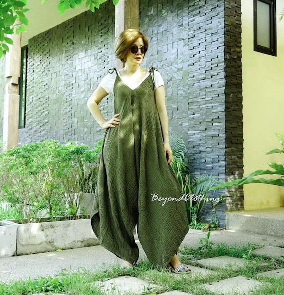 V Neck Tie Shoulder Wide Leg Romper Jumpsuit Lagenlook Harem