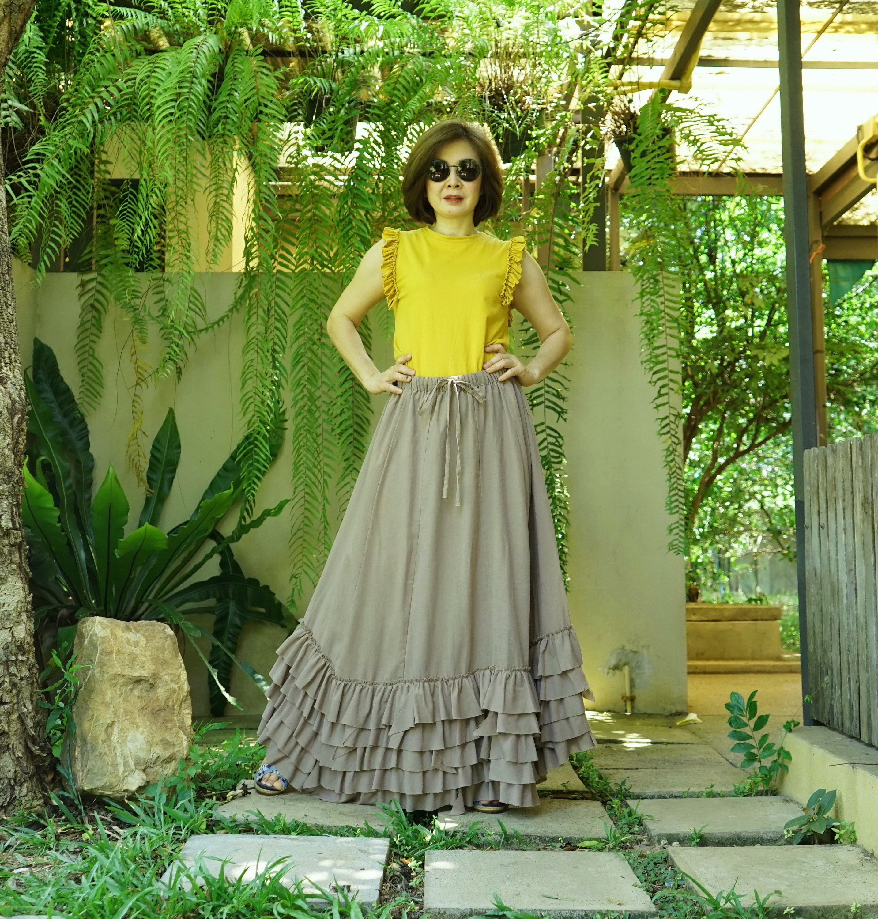 【BAON】Roet Frill Check Banding Long Skirt Soft Chambray Blue Seersucker Check Long Skirt | GANNI US