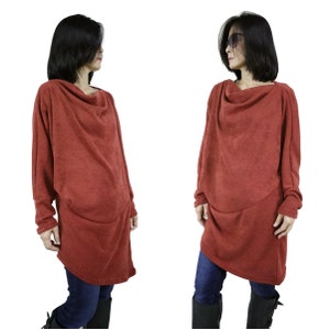 Viscose Knit Cowl Neck Tunic Top: Terra Cotta Asymmetrical Hem