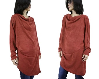 Pull à manches longues et col bénitier, ourlet asymétrique, pull en viscose marron terracotta, tunique pour femme, haut de la taille 2 à la taille 16