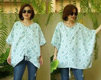 Tunique bohème oversize en lin imprimé : détails froncés SM-724B