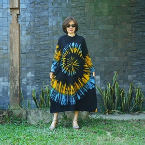 Boho Tie Dye Long Sleeve Band Collar Dress, Rainbow Tie Dye Dress, Hippie Bohemian Tie Dye Dress, Resort Dress, Festival Clothing - LD3D