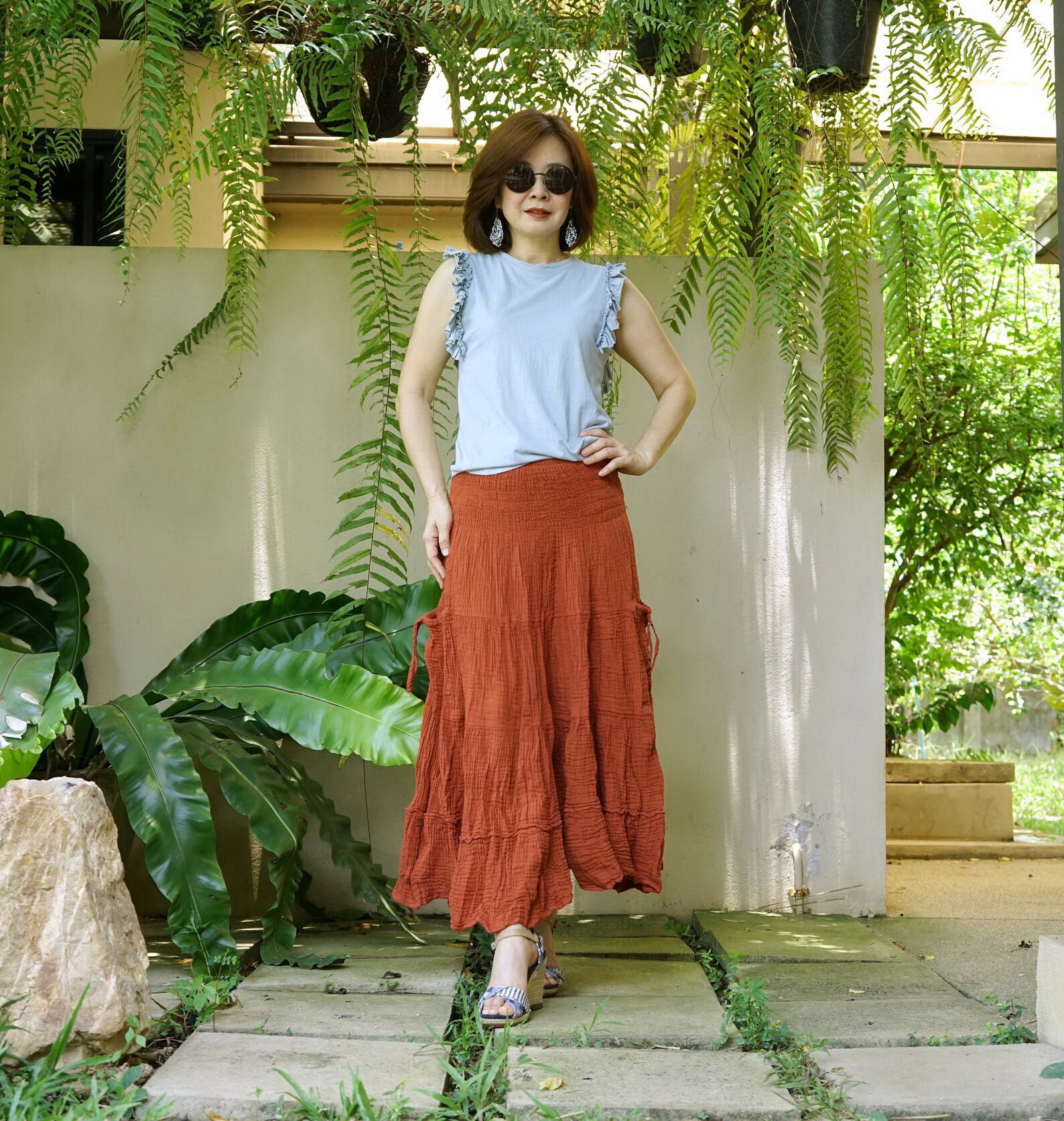 Boho Smocked Waist Rust Orange Midi Skirt: Double Gauze Cotton