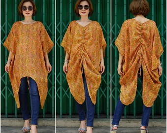 2 Way Front & Back Loose Fit Curve Hem Paisley Printed Orange Light Cotton Chic Steampunk Lagenlook Boho Top Tunic With Ruching SM-724A