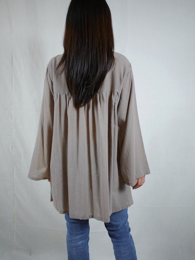 Plus Size Bohemian Long Sleeve Azo Free Color Taupe Light Cotton Blouse With Hand-Embroidered Detail Blossom