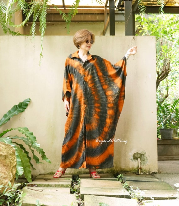 Oversized Tie Dye Cotton Kaftan Dress: Batwing Sleeve Resort Wear - PL6A