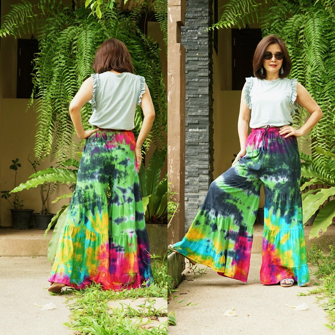 Boho Tie Dye Wide Leg Pants: Ruffle Tiered Cotton Flare- NWP02 - Etsy