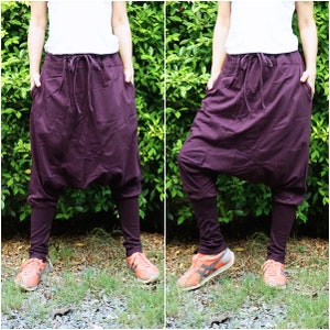 Funky Drop Crotch Dance Ninja Yoga Unisex Plum Purple Harem Pants Trousers With Adjustable Drawstring Waist & 2 Inseam Pockets P060