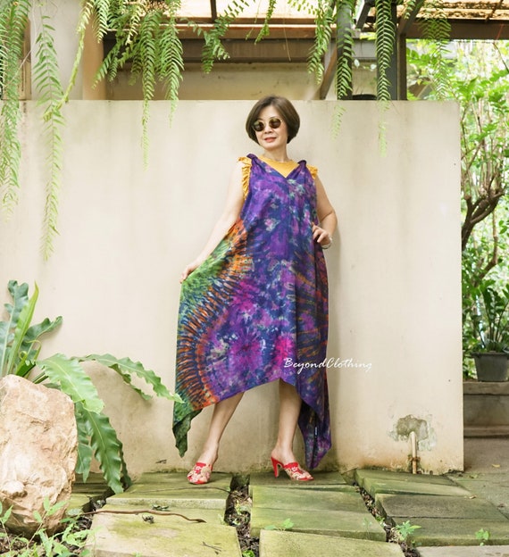 Boho Tie Dye Rayon Jumper Dress: Asymmetrical Hem Festival Clothing -JP4C
