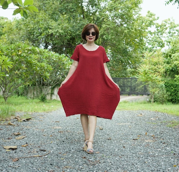 Boho Burgundy Double Gauze Cotton Tunic Dress: Scoop Neck Tulip Hem Short Sleeve - DB2