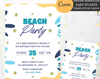Editable Beach Birthday Party Invitation: Canva Template (Digital)