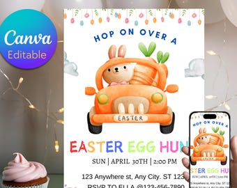 Plantilla de invitación para la búsqueda de huevos de Pascua: Invitación editable para fiesta de conejito (Descarga digital)