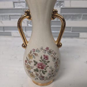 Vintage Flower Bud Vase Floral Design and Gold Accents 6&quot;