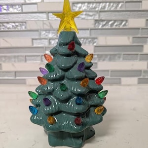 Holiday Ceramic Nostalgic Green Lighted Christmas Tree Battery Operated- Tested