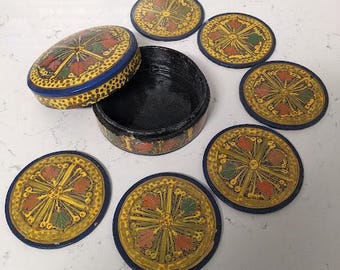 Hand Painted Lacquered Coaster Set of 6 Kashmiri India Paper Mache with Box