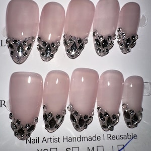 Silver Sparkle Elegance - Medium Almond French Tip Press-On Nails