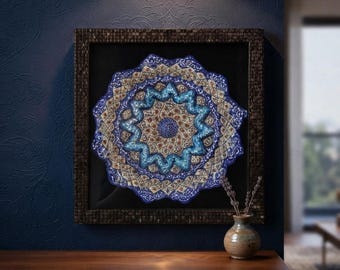 Handgefertigte persische Minakari-Emaille-Kupferplattenkunst, gerahmte blaue Mandala-Wanddekoration
