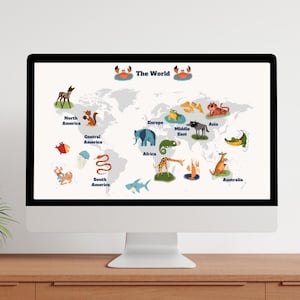 Pôster de Mapa-múndi Ilustrativo Brilhante | Ilustrações Divertidas de Animais para Crianças | Arte de Parede Educacional para Salas de Brinquedo e Salas de Aula