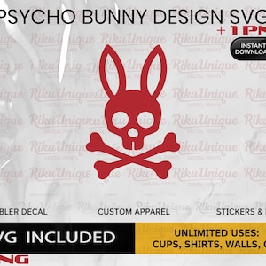 May include: Red Psycho Bunny design SVG and PNG digital file. The design features a bunny skull and crossbones. Includes the text "Instant Download", "Tumbler Decal", "Custom Apparel", "Stickers & More", "1 SVG Included", and "Unlimited Uses: Cups, Shirts, Walls, Gifts".