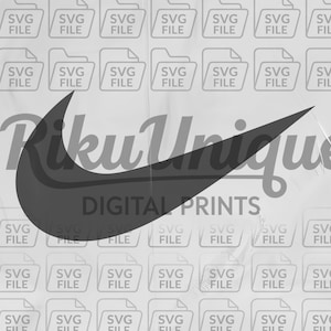 Könnte beinhalten: Ein dunkelgraues Nike-Swoosh-Logo, zentriert auf einem hellgrauen Hintergrund mit einem sich wiederholenden Muster aus Ordnersymbolen mit der Aufschrift SVG FILE. Der Text RikuUnique DIGITAL PRINTS ist mittig in dunkelgrauer Schrift überlagert.