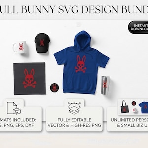 May include: A Skull Bunny SVG design bundle featuring a blue hoodie, black cap, white mug, black tote bag, and silver tumbler, all displaying a red skull and crossbones bunny logo. Text includes SKULL BUNNY SVG DESIGN BUNDLE and INSTANT DOWNLOAD.