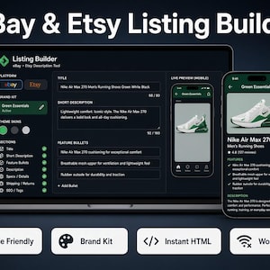 May include: A software interface titled eBay & Etsy Listing Builder displayed on a laptop screen and a smartphone. The dashboard features input fields for titles, descriptions, and feature bullets, with a live mobile preview of a sneaker listing.