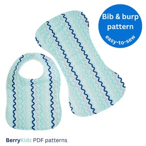 Könnte beinhalten: Ein Nähmuster für eine blaue und weiße gemusterte Lätzchen und Spucktuch. Das Muster hat ein wellenförmiges Design mit blauen, weißen und roten Akzenten. Der Text "Bib & burp pattern easy-to-sew" ist auf einem blauen Kreis gedruckt.