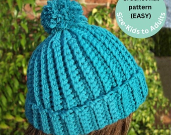 Easy crochet pattern, Chunky beanie crochet pattern, Child Hat pattern, Easy Ribbed Beanie pattern (C107), 3 sizes