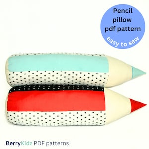 May include: Two pencil-shaped pillows, one red and one blue, with a white background and black stars. The pillows are stacked on top of each other. The text "Pencil pillow pdf pattern easy to sew" is in a blue circle above the pillows.