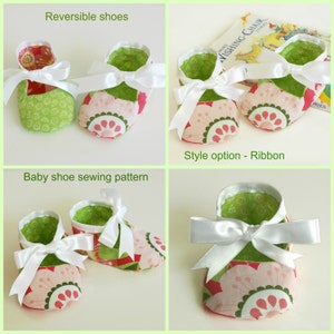 Könnte beinhalten: Wendbare Babyschuhe mit einem grün-rosa floralen Muster. Die Schuhe haben weiße Schleifenbänder und werden in zwei verschiedenen Ausführungen gezeigt. Der Text "Wendbare Schuhe" und "Babyschuh-Nähmuster" ist auf dem Bild zu sehen. Der Text "Stilstil - Schleife" ist ebenfalls auf dem Bild zu sehen.