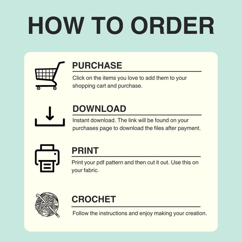 May include: A black and white graphic illustration showing the steps to order a crochet pattern. The steps are: Purchase, Download, Print, and Crochet.