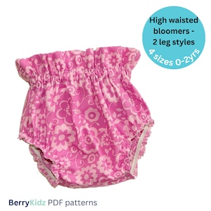 Puede incluir: Bragas rosas de cintura alta con estampado floral. Las bragas tienen cintura y aberturas de las piernas elásticas. El texto de la imagen dice "High waisted bloomers - 2 leg styles, 4 sizes 0-2yrs" y "BerryKidz PDF patterns".
