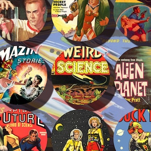 Vintage Science Fiction 2,5 tums cirklar Direktnedladdning Sci Fi digitalt collageark utskrivbart Pulp Fiction n071