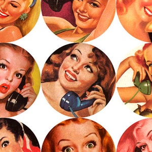 Pin Up Girls on the Phone 2.5 inch Circles digital collage sheet Instant Download printable 044