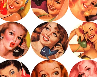 Pin Up Girls on the Phone 2.5 inch Circles digital collage sheet Instant Download printable 044