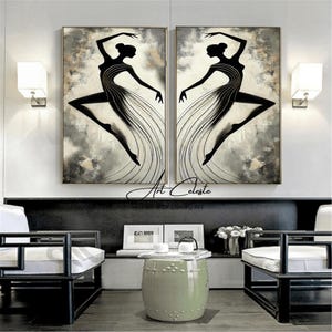 Dancing Figures Oil Painting: Beige Abstract Art, Oversized Handmade Canvas (2 Piece)