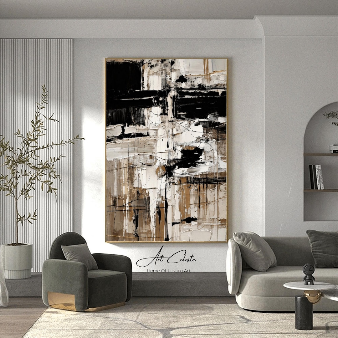 Grande peinture à l'huile abstraite noire et beige : oeuvre d'art sur ...