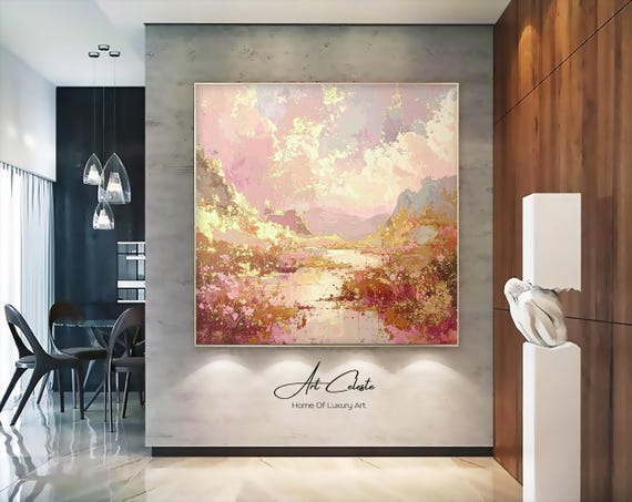 手作りパステル夕焼け油絵：ピンクの風景壁アート - Etsy 日本