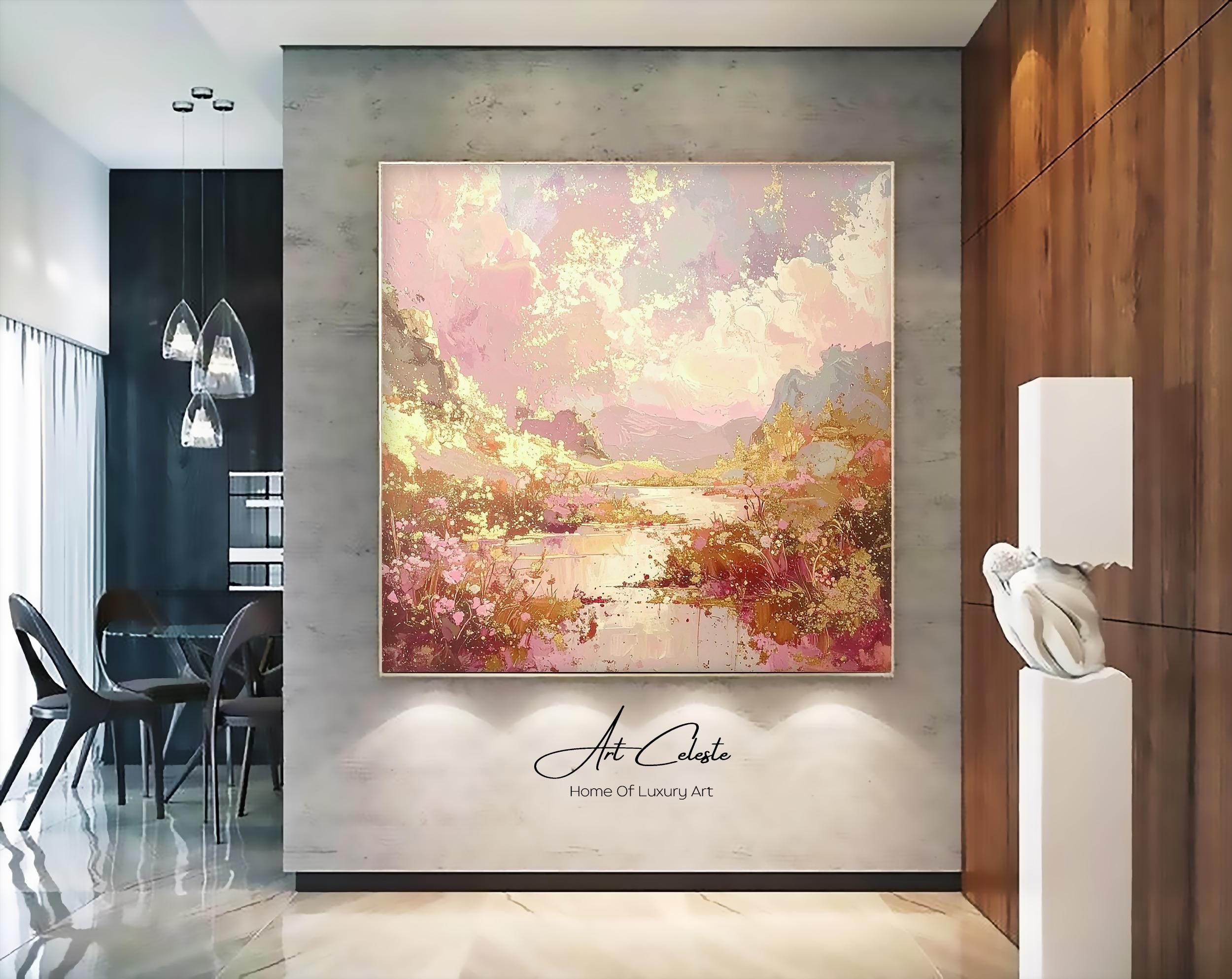 手作りパステル夕焼け油絵：ピンクの風景壁アート - Etsy 日本