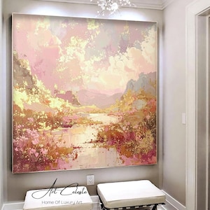 Handmade Pastel Sunset Oil Painting: Pink Landscape Wall Art