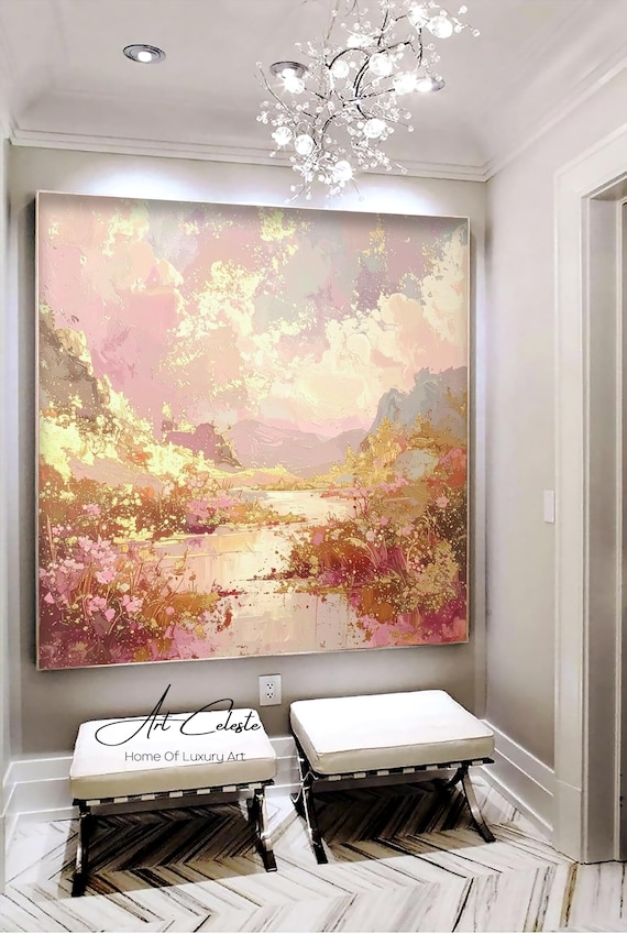 手作りパステル夕焼け油絵：ピンクの風景壁アート - Etsy 日本