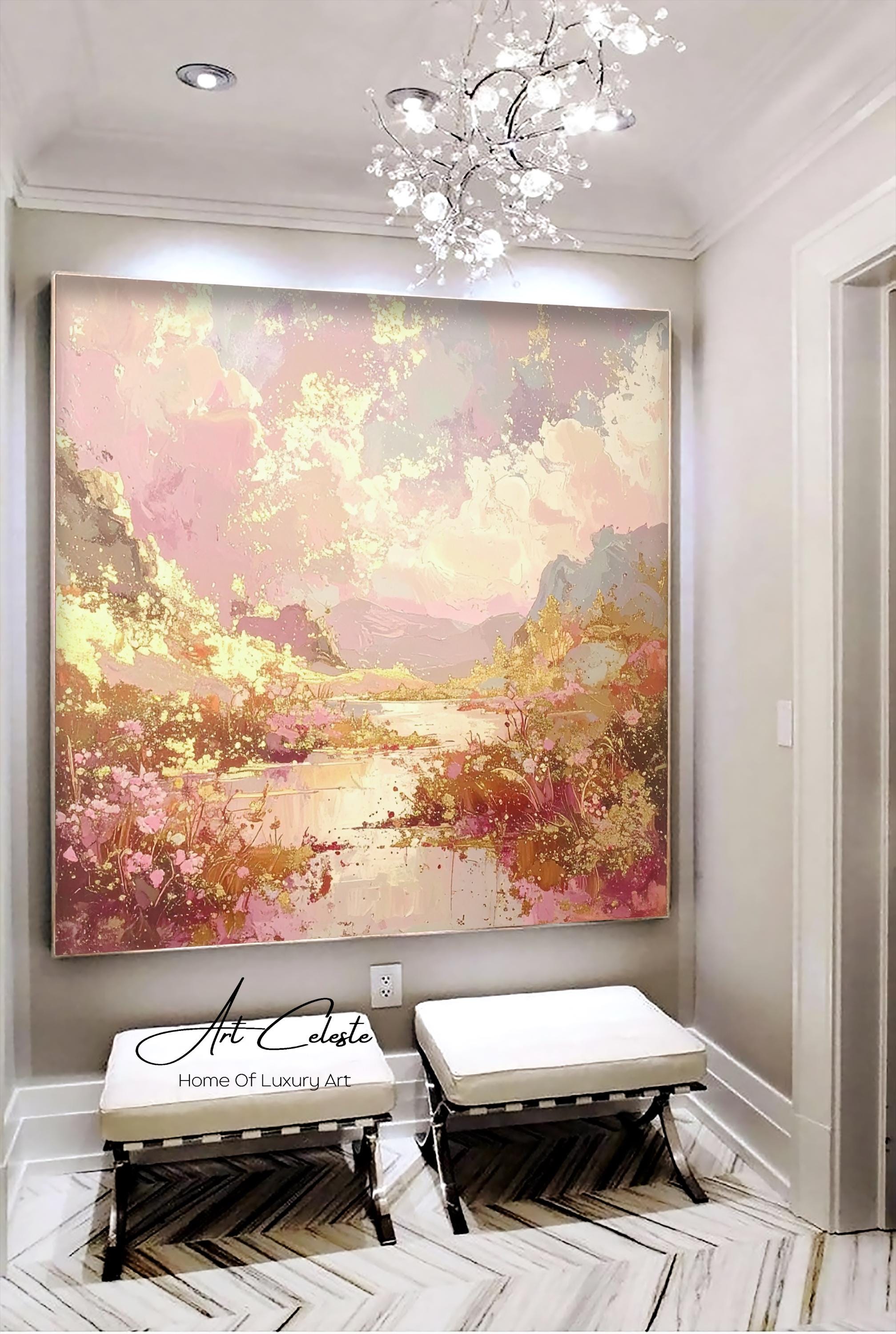 手作りパステル夕焼け油絵：ピンクの風景壁アート - Etsy 日本