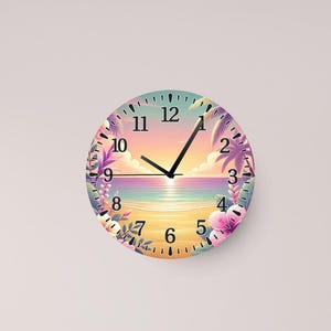 May include: Round wall clock depicting a beach scene with a sunset, palm trees, and flowers. The clock face has black hands and numbers. The clock is mounted on a white wall.