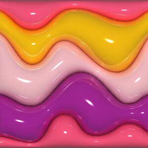 May include: Abstract, colourful, wavy design in shades of pink, yellow, and purple. The glossy, layered effect creates a sense of depth and movement. The design is framed with a darker pink border, adding definition to the overall composition.
