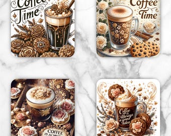 Arkusz transferowy do sublimacji Coffee Time: podstawki kwadratowe 4" - gotowe do prasowania