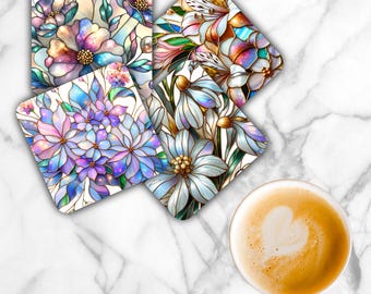 Stained Glass Flowers Sublimation Transfer Sheet: 4" Square Coaster Prints