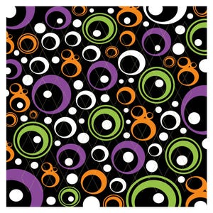 May include: A black fabric pattern featuring a repeating design of overlapping circles in vibrant shades of purple, lime green, and orange, interspersed with solid white dots and a subtle, thin white diamond grid overlay across the entire surface.